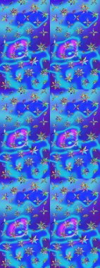 Mavi ve mor renkli etnik çiçeklerle süslenmiş zarif bir eskiz deseni. Raster Çiçek İllüstrasyonu güzel tekstil..