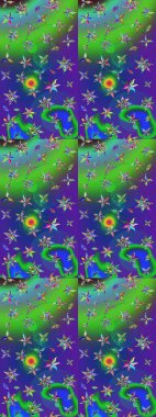 Ağaç dallı bahar çiçekli desen, çiçek siluetiyle yeşil ve mavi renkler. Raster deseni.