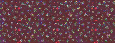 Raster illüstrasyonu. Kumaş, duvar kağıdı ve kağıt üzerine baskı yapmak için gelişen arka plan. Moda arka planında parlak buketler. Eski usul küçük çiçekli şirin bir eskiz deseni..