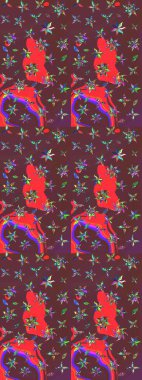 Raster illüstrasyonu. Çiçek süslemeli çizim deseni. Kahverengi ve kırmızı renkte çiçekler.