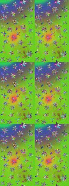 Raster illüstrasyonundaki çiçek desenli çizim. Çiçekler suluboya tarzında yeşil ve mor renkte.