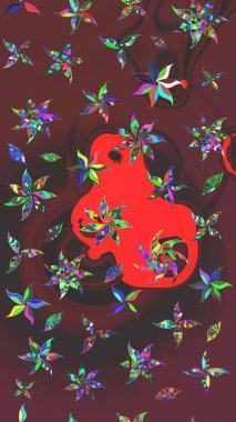 Raster illüstrasyonu. Kahverengi ve kırmızı renklere karalamalar çizilmiş çiçek deseni.