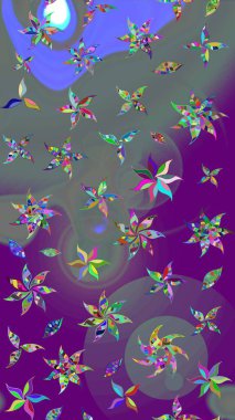 Mor ve nötr, mor ve nötr. 1950-1960 motifleri. Çiçekli ipek eşarp. Retro tekstil tasarım koleksiyonu. El çizimi çiçek elementleri ile soyut çizim raster deseni.