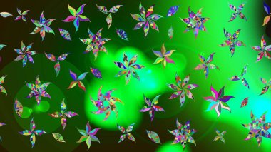 Raster illüstrasyonu. Çiçek desenli eskiz, darbeler, sıçramalar, yaz çiçekleri. Yeşil ve gri renkte çiçekler.