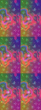 Mor ve mor arka planda. Tekstil, kumaş, ambalaj, hatıra defteri için hoş bir çiçek arkaplanı. Çocuksu tasarım. Elle çizilmiş karalama çiçekleri ile Raster çizim deseni.