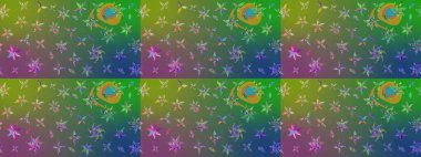 Raster illüstrasyonu. Yeşil ve mavi renklerde. Yeşil ve mavi renkli yeşil ve mavi papatya deseni.