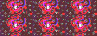 Raster illüstrasyonu. Renkli Bahar Teması eskiz kalıbı. Çiçekli çiçek deseni, suluboya. Düz Çiçek Elementleri Tasarımı. Kahverengi ve kırmızı renkte çiçekler.