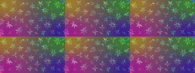 Mor ve yeşil renkli çiçekler. Hediye ambalaj kağıdı, tebrik kartları, posterler ve pankart tasarımı. Raster düz çiçek çizim deseni.