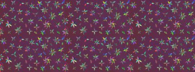 Parlak renkli çiçekleri ve kahverengi ve mor renkli yaprakları olan harika bir çiçek deseni. Moda baskıları için zarif bir şablon. Modern çiçek arkaplanı. Halk stili.