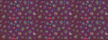 El çizimi çiçek çizimi deseni (fayans). Şirin çiçekli, desenli, kahverengi ve mor renkli bir eskiz deseni. Tekstil için suluboya çizim deseni.