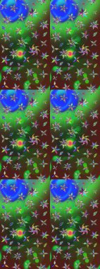 Halk tarzı. Parlak renkli çiçekleri ve yeşil ve kahverengi renkte yaprakları olan harika bir çiçek deseni. Modern çiçek arkaplanı. Moda baskıları için zarif bir şablon.