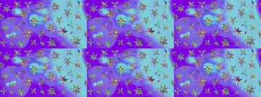 Soyut çiçek çizim kalıbı arka planı. Raster deseni. Raster illüstrasyonu. Mor ve mavi renklerde. Küçük çiçekte sevimli çiçek deseni var..