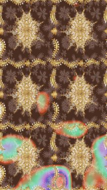 Klasik altın desenli çizim. Kahverengi renklerde altın desenler ve altın elementler. Raster geleneksel oryantasyon süsü.