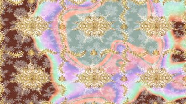 Klasik Raster Golden eskiz kalıbı. Çiçek süsü kumaş deseni, cam, çiçek desenli altın elementli, nötr renklerde metal..