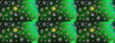 Moda baskıları için zarif bir şablon. Halk tarzı. Parlak renkli çiçekleri ve yeşil ve gri renkte yaprakları olan harika bir çiçek deseni. Modern çiçek arkaplanı.