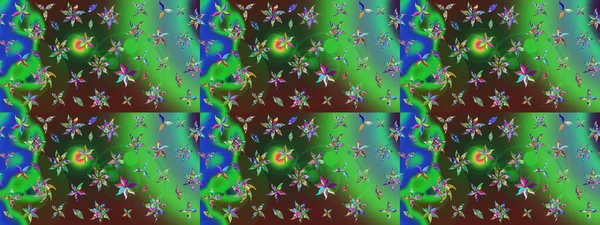 Arkaplan dokusu, duvar kağıdı, yeşil ve mavi renkli çiçek teması. Soyut etnik raster çizim kalıbı. Kabile sanatı boho baskısı, klasik çiçek arkaplanı.