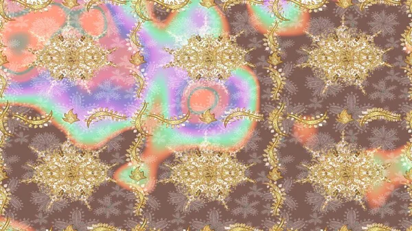 Skeç raster arka planı. Şık bir grafik desen. Bej renklerde altın elementler. Çiçek deseni. Duvar kâğıdı barok, İspanyol kumaşı.