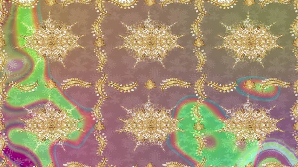 Süslü raster dekorasyonu. Altın elementlerle bej renklerde altın desen. Barok biçiminde duvar kağıdı tasarımı için şablon çizimi arkaplanı.