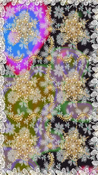 Gri renkli ve altın elementli altın desenli. Raster altın pürüzsüz desen. Arkaplan, kumaş, altın duvar kağıdı. Düz elle çizilmiş vintage koleksiyonu.