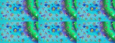 Çizim çiçek deseni duvar kâğıdı olarak kullanılabilir. Mavi ve yeşil renkli çiçekler. Raster illüstrasyonu.