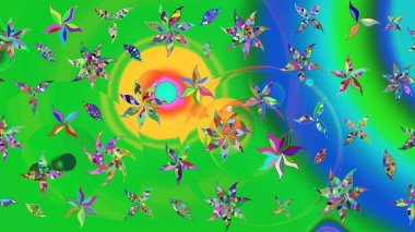 Yeşil ve mavi renkte çiçekler. Düz Çiçek Elementleri Tasarımı. Raster illüstrasyonundaki çiçek desenli çizim. Renkli Bahar Teması çizim şablonu.