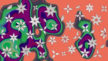 Bir sürü turuncu ve yeşil soyut çiçekli tropik eskiz deseni. Varicoloorange ve yeşil raster çizimi. Küçük çiçekte sevimli çiçek deseni var..