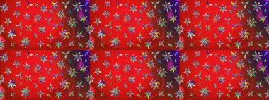 Raster Güzel kumaş deseni. Raster suluboya deseni, narin çiçekler, kırmızı ve mor çiçekler, tebrik kartı şablonu..