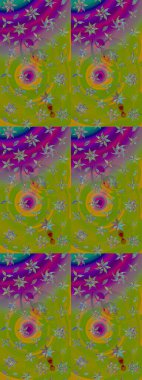 Raster illüstrasyonu. 3D çiçekler, eskiz. Yeşil ve mor renklerde.