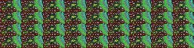 Küçük yeşil ve kahverengi çiçekli oldukça eski bir besin torbası deseni. Millefleur 'lar. Tekstil, kumaş, kapaklar, duvar kağıtları, baskı, paket, koleksiyon defteri, örgü, dekupaj için çiçek arkaplanı.