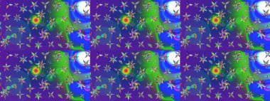 Çiçek süslemeli çizim deseni. Mavi ve mor renkli çiçekler. Raster illüstrasyonu.