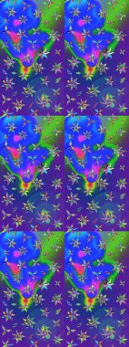 Raster illüstrasyonundaki çiçek desenli çizim. Mavi ve mor renkte çiçekler.