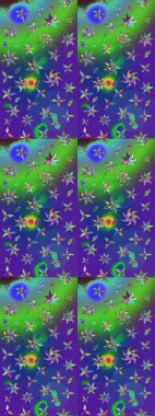 Raster illüstrasyonundaki çiçek desenli çizim. Mavi ve yeşil renkli çiçekler. Renkli Bahar Teması eskiz kalıbı. Düz Çiçek Elementleri Tasarımı.