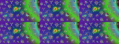 Yeşil ve mavi renkli etnik çiçekli zarif eskiz deseni. Asya Tekstil 'inde Raster Çiçek İllüstrasyonu.