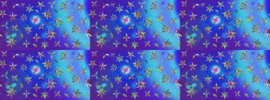 Çiçekli karalama şeklinde Raster çiçek deseni. Nazikçe, mavi ve mor renkte yaz çiçekleri. Raster illüstrasyonu.