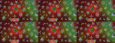 Raster düz çiçek çizim deseni. Hediye ambalaj kağıdı, tebrik kartları, posterler ve pankart tasarımı. Renkli çiçekler.