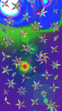 Mavi ve mor renkli etnik çiçeklerle süslenmiş zarif bir eskiz deseni. Raster Çiçek İllüstrasyonu güzel tekstil..