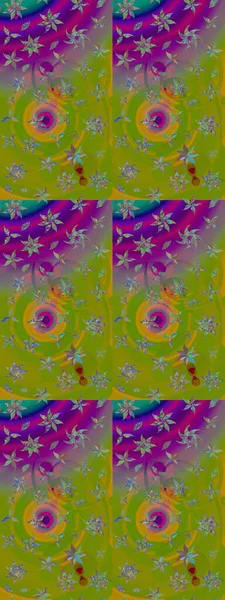 Raster illüstrasyonu. 3D çiçekler, eskiz. Yeşil ve mor renklerde.