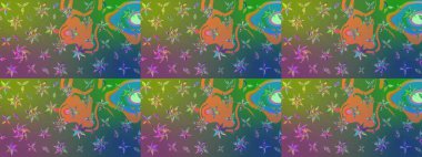 Düz Çiçek Elementleri Tasarımı. Renkli Bahar Teması eskiz kalıbı. Çiçekli çiçek deseni, suluboya. Raster illüstrasyonu. Yeşil ve mavi renkte çiçekler.