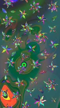 Yeşil ve mavi el çizimi desen. Raster deseni. Sanat ilham verici ve mavi renkli çiçekler ve arkasında iz bırakıyor. Karalama çiçekleri çizim deseni.