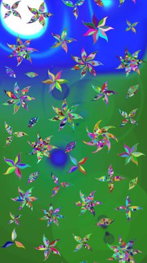 Raster illüstrasyonu. Çiçekli yumuşak bir eskiz şekli. Raster çiçekleri klasik tarzda çizilmiş. Yeşil ve mavi renklerde bahar çiçekleri..