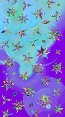 Düz Çiçek Elementleri Tasarımı. Mor ve mavi renkte çiçekler. Renkli Yaz Temalı eskiz kalıbı. Raster illüstrasyonunda çiçek deseni çizimi.