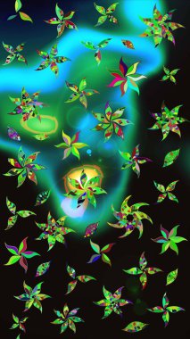 Parlak renkli fantezi çiçekleri, yapraklar, siyah ve yeşil renkli tomurcuklar. Suluboya el çizimi elementli çiçek çizimi deseni.