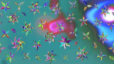 Raster illüstrasyonu. Tropik çiçek desenleri. Yeşil ve mavi renkte çiçekler.