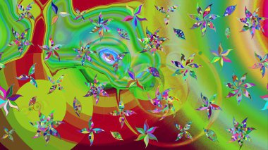 Flowers on green and red colors. Sketch pattern with floral ornament. Raster illustration.