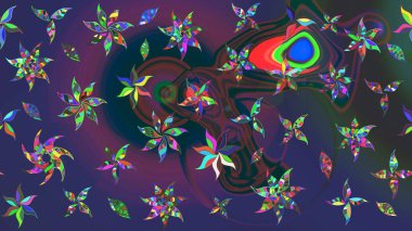 Hediye ambalaj kağıdı, tebrik kartları, posterler ve pankart tasarımı. Mor ve mavi renkte çiçekler. Raster düz çiçek çizim deseni.