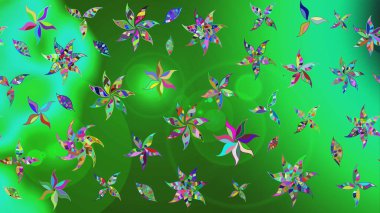 Raster illüstrasyonu. Yeşil ve mavi renklere karalamalar çizilmiş çiçek deseni.