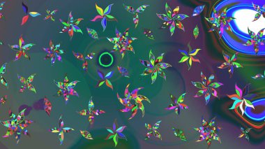 Mavi ve yeşil renkli çiçekler. Hediye ambalaj kağıdı, tebrik kartları, posterler ve pankart tasarımı. Raster düz çiçek çizim deseni.