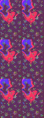 Raster çiçek desenli çiçek deseni, yapraklar, dekoratif elementler, sıçrama, lekeler, el çizimi kontur çizgileri ve Doodle çizim stili, grafik raster çizim çizimi.