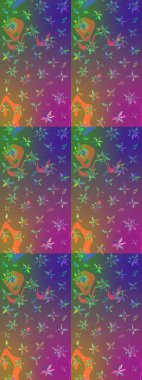 Raster illüstrasyonu. Mor ve kahverengi renkli Asya tekstili. Suluboya çiçekli çiçek deseni.