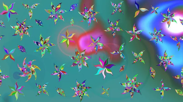 Raster illüstrasyonu. Tropik çiçek desenleri. Yeşil ve mavi renkte çiçekler.